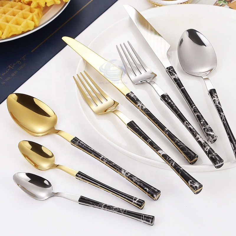 Western European Style Cheap Portugal Style Marble Plastic Handle Restaurant Family Ues Cutlery Set