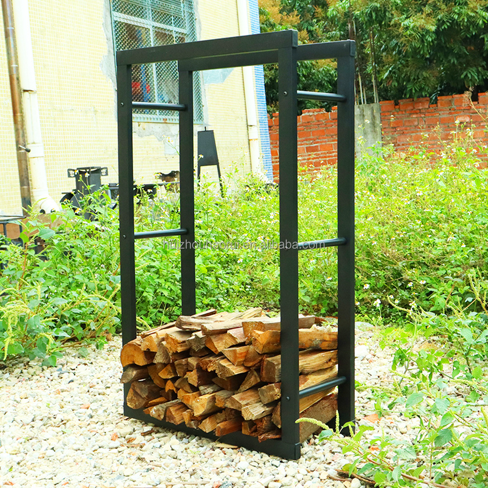 Outdoor Wood Rack Black Powder Coated Metal Firewood Holder Indoor Fireplace Log Storage Rack