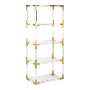 Luxury Decorative Rack Gold Stainless Steel Shelves Multifunctional 4 Layers Glass Bookcase Large Space Acrylic Display Shelf