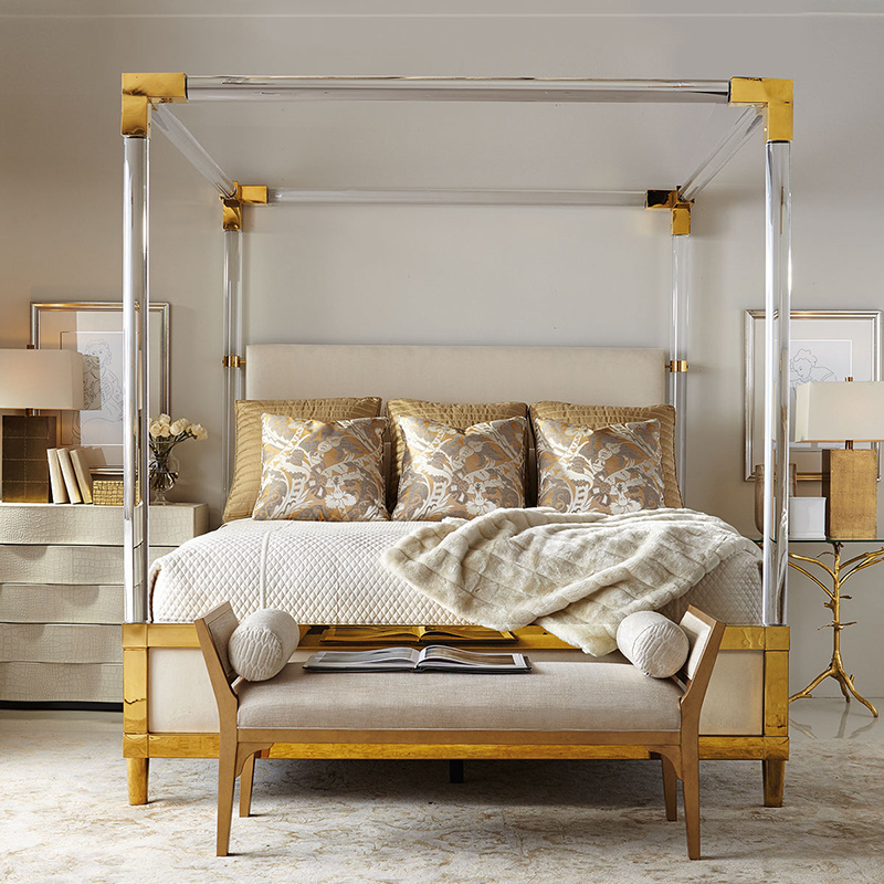 Factory Price Crystal Golden Metal Clean Acrylic Lucite Bed Collection acrylic Curtain Bed Frame