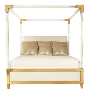 Factory Price Crystal Golden Metal Clean Acrylic Lucite Bed Collection acrylic Curtain Bed Frame