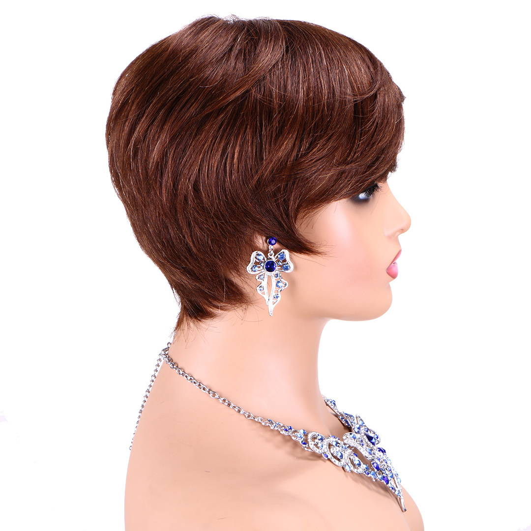 Short Wavy Curly Synthetic Bob Pixie Mushroom Short Cut Wigs Machine Made Hair Brown and White Wig for Black Women with Bangs