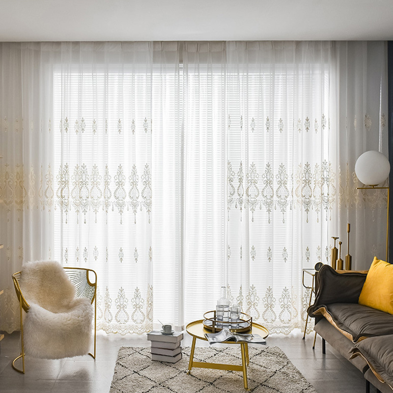 Luxury Turkish Style Flower Sheer Embroidered White Curtain for Home and Hotel