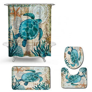 Sea Turtle Shower Curtain Sets With Non-Slip Rugs, Toilet Lid Cover And Bath Mat, Nautical Ocean Waterproof Shower Curtains