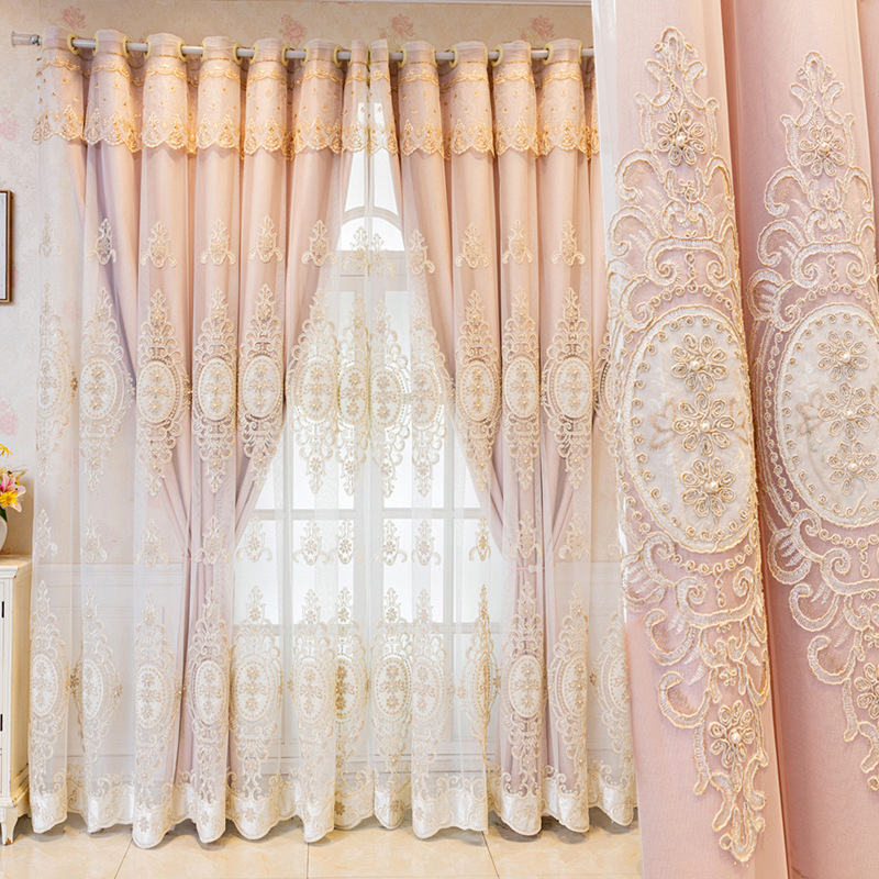 Double Layer Window Curtain-Elegant Lace Embroidery Blackout Tulle Curtain Living Room Solid Drapes Panel with Bead