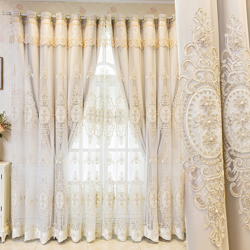 Double Layer Window Curtain-Elegant Lace Embroidery Blackout Tulle Curtain Living Room Solid Drapes Panel with Bead