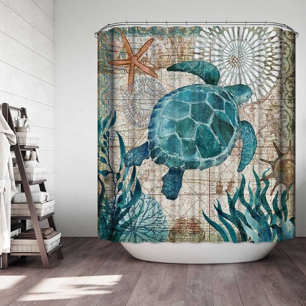 Sea Turtle Shower Curtain Sets With Non-Slip Rugs, Toilet Lid Cover And Bath Mat, Nautical Ocean Waterproof Shower Curtains