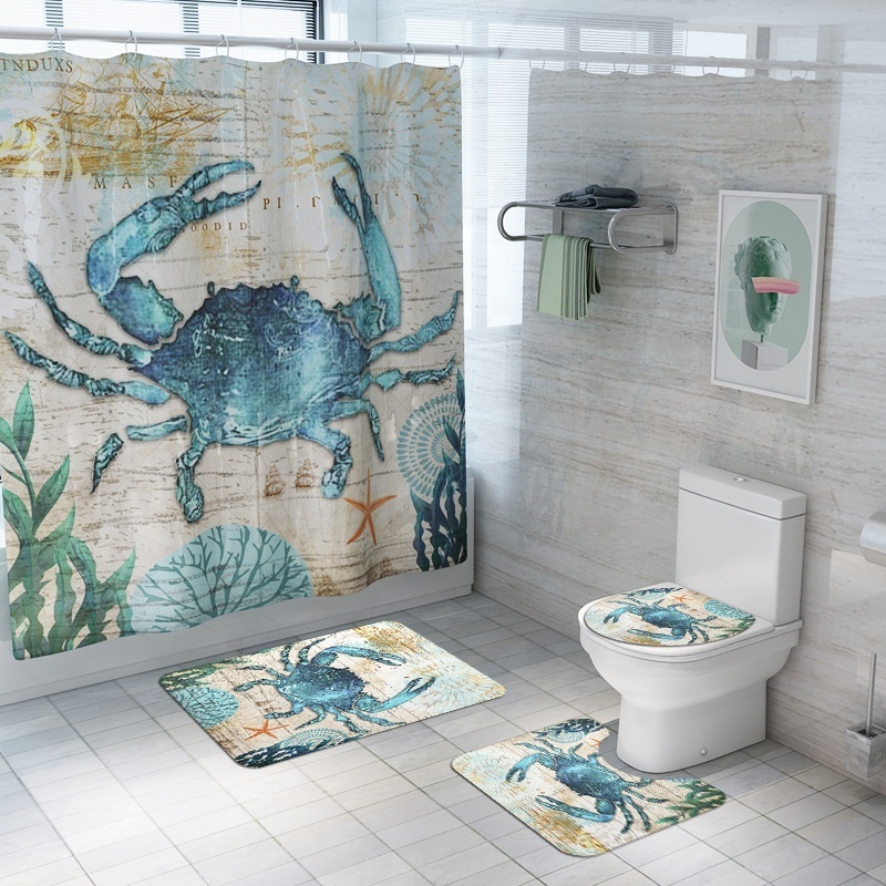 Sea Turtle Shower Curtain Sets With Non-Slip Rugs, Toilet Lid Cover And Bath Mat, Nautical Ocean Waterproof Shower Curtains