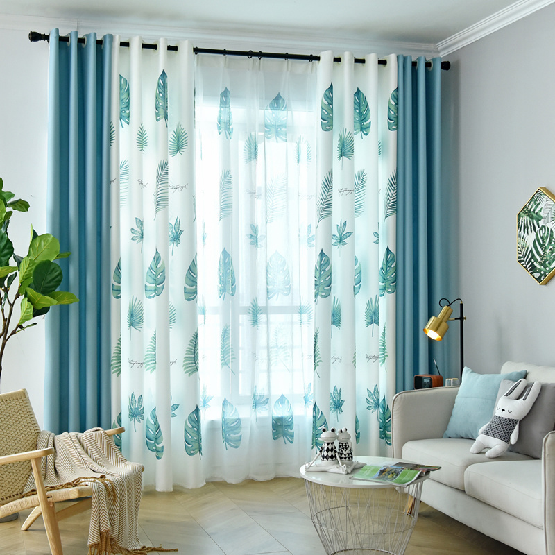 Nordic Plant Leaf Pattern Cotton And Linen Patchwork Printed Curtains, Ready-Made Bedroom Blackout Curtains