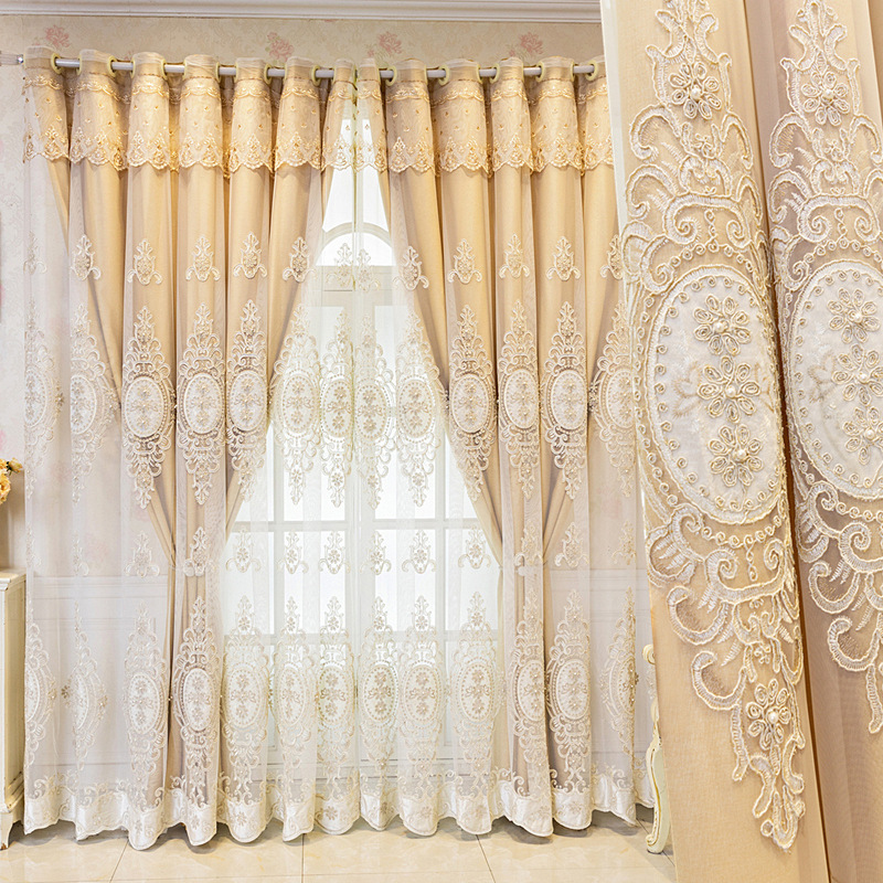 Double Layer Window Curtain-Elegant Lace Embroidery Blackout Tulle Curtain Living Room Solid Drapes Panel with Bead