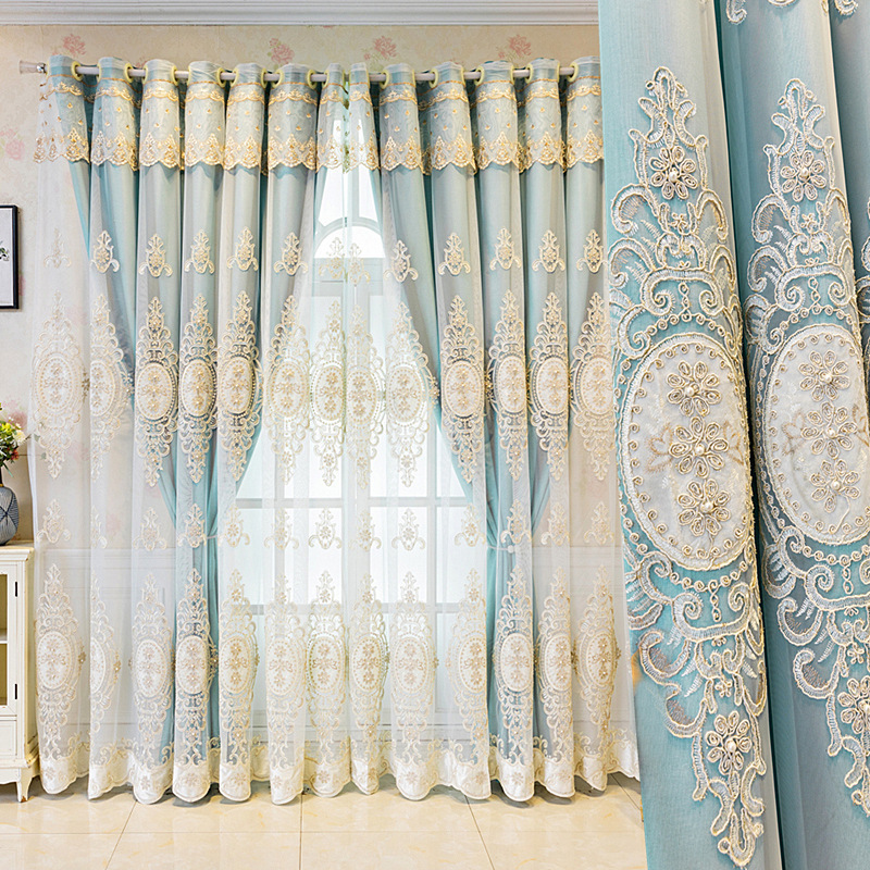 Double Layer Window Curtain-Elegant Lace Embroidery Blackout Tulle Curtain Living Room Solid Drapes Panel with Bead