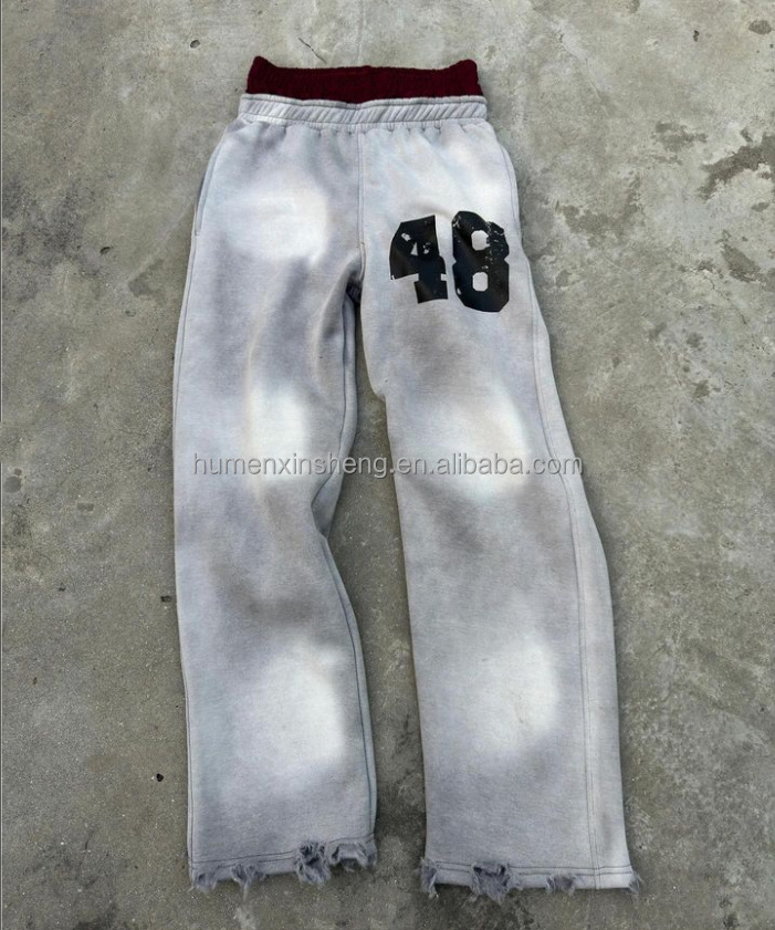 Streetwear high quality custom printing logo man distressed acid wash flared sweat pants men baggy double waisted sweatpants