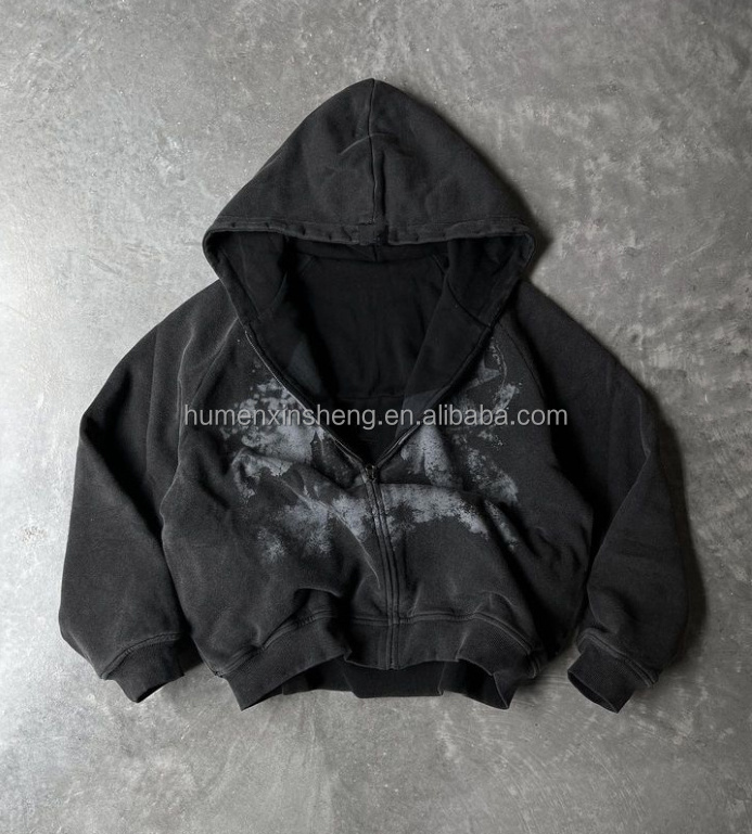 OEM custom design heavyweight cotton 400gsm 500gsm vintage acid wash baggy cropped zip up hoodie men