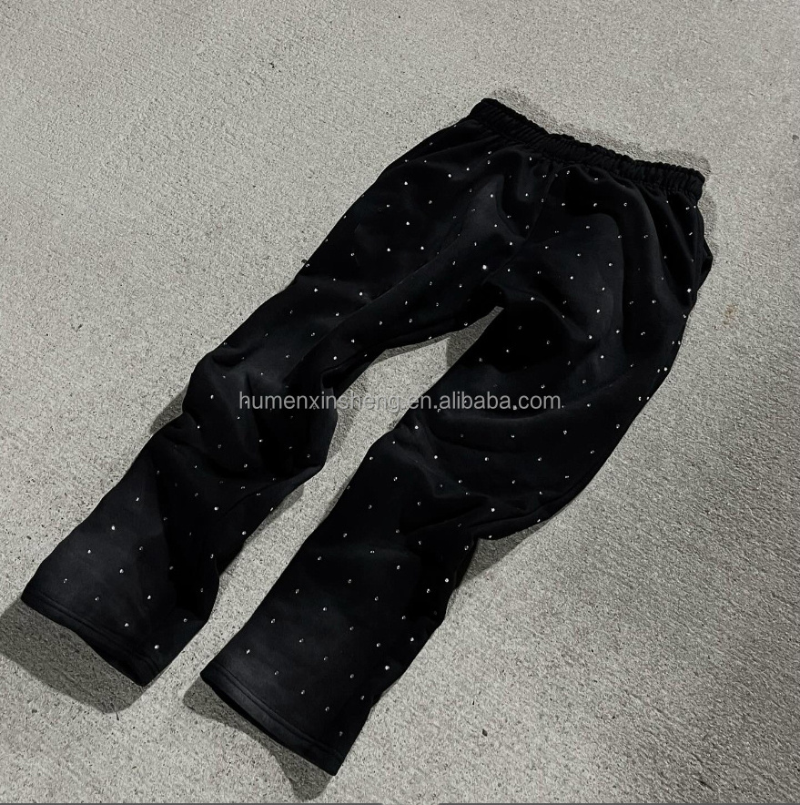 Custom men's pants trousers fit sun faded sweat pants jogger all over print rhinestone vintage acid wash flared sweatpants men