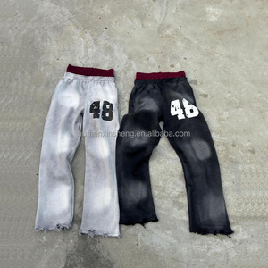 Streetwear high quality custom printing logo man distressed acid wash flared sweat pants men baggy double waisted sweatpants