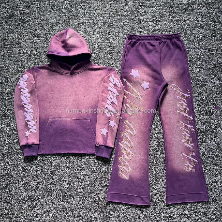 Manufacturer Custom 3d puff print raw hem hoodie and jogger acid wash hoodie set flare sweatpants sweatsuit