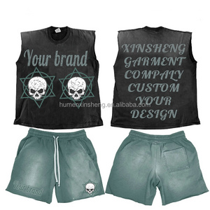 Good quality cotton Custom sleeveless tshirt acid wash tank top t-shirt and jogger shorts set for men