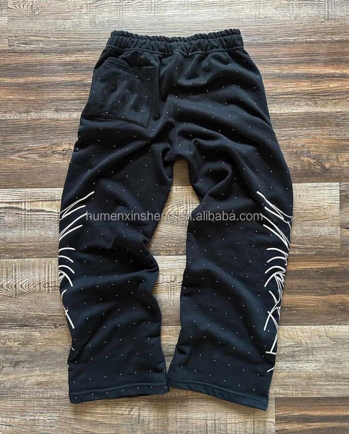 Custom men's pants trousers fit sun faded sweat pants jogger all over print rhinestone vintage acid wash flared sweatpants men