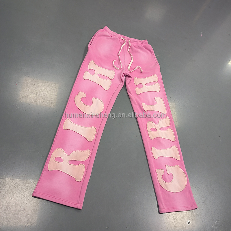 Dongguan custom vintage stone washed straight leg jogger sweat pants patch applique embroidery acid wash flared sweatpants men