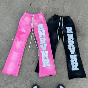 OEM custom man terry fleece applique patch embroidery jogger stacked acid washed flare sweatpants for men