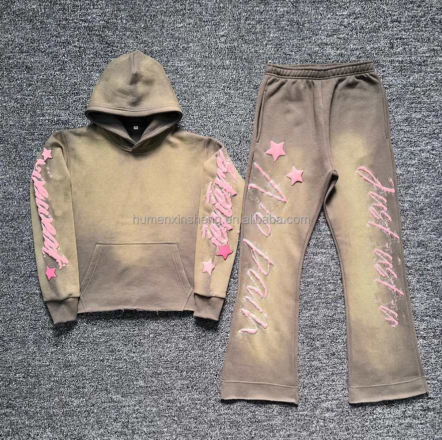 Manufacturer Custom 3d puff print raw hem hoodie and jogger acid wash hoodie set flare sweatpants sweatsuit