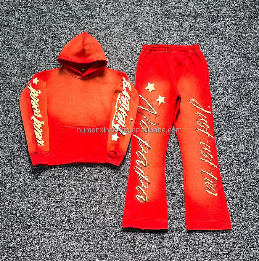 Manufacturer Custom 3d puff print raw hem hoodie and jogger acid wash hoodie set flare sweatpants sweatsuit