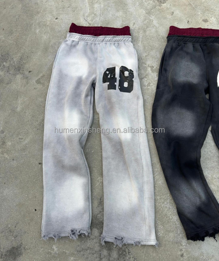 Streetwear high quality custom printing logo man distressed acid wash flared sweat pants men baggy double waisted sweatpants