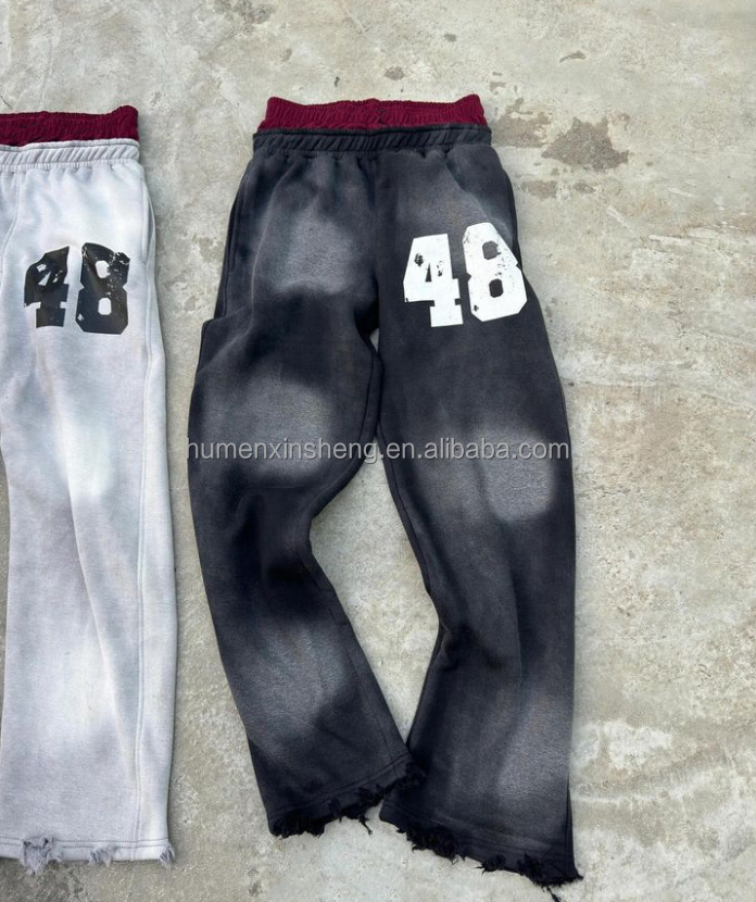 Streetwear high quality custom printing logo man distressed acid wash flared sweat pants men baggy double waisted sweatpants