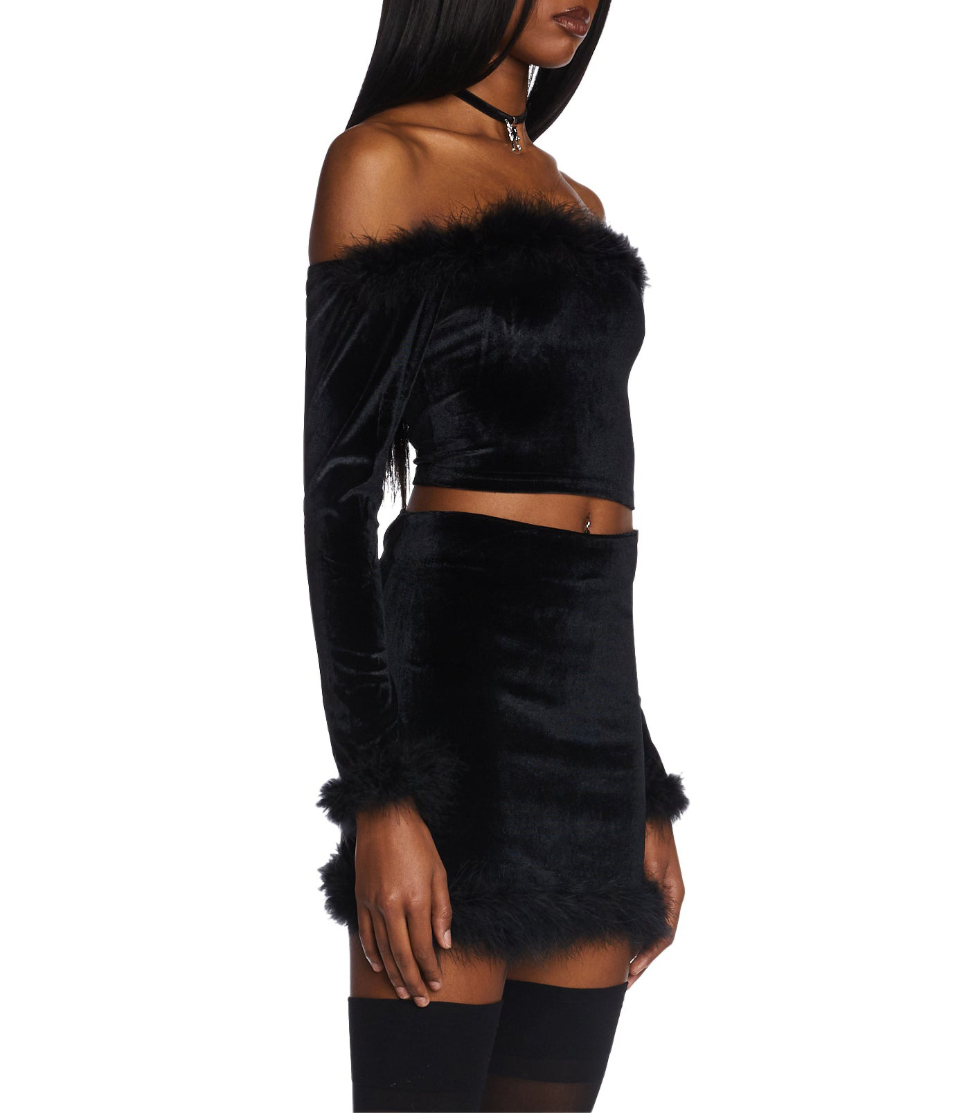 2024 Y2k Women Clothing Marabou Fur Velvet Sleeveless Off Shoulder Crop Top And High Waist Skirt Two Piece Mini Skirt Set