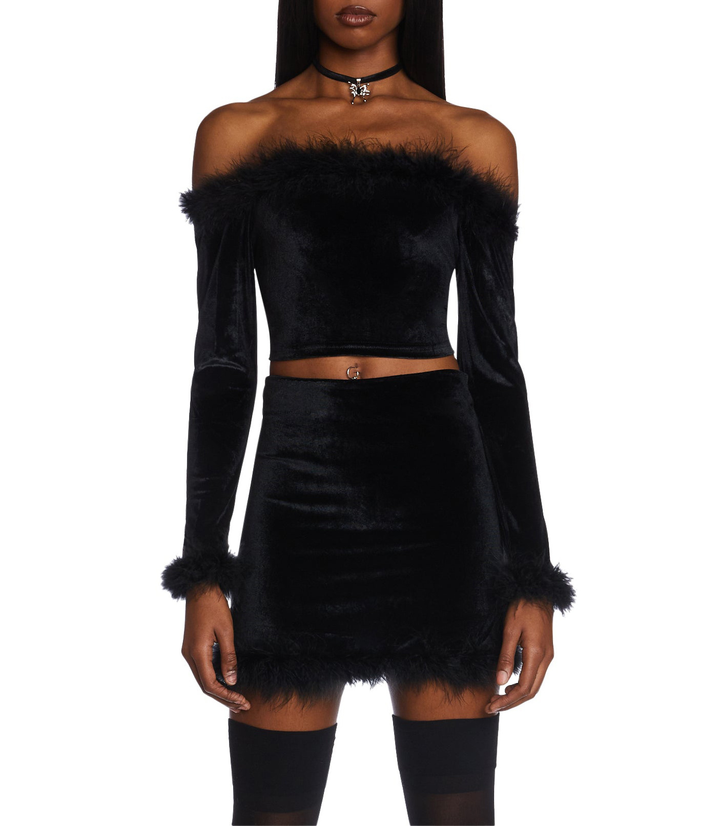 2024 Y2k Women Clothing Marabou Fur Velvet Sleeveless Off Shoulder Crop Top And High Waist Skirt Two Piece Mini Skirt Set