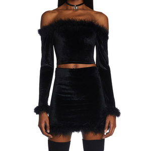 2024 Y2k Women Clothing Marabou Fur Velvet Sleeveless Off Shoulder Crop Top And High Waist Skirt Two Piece Mini Skirt Set