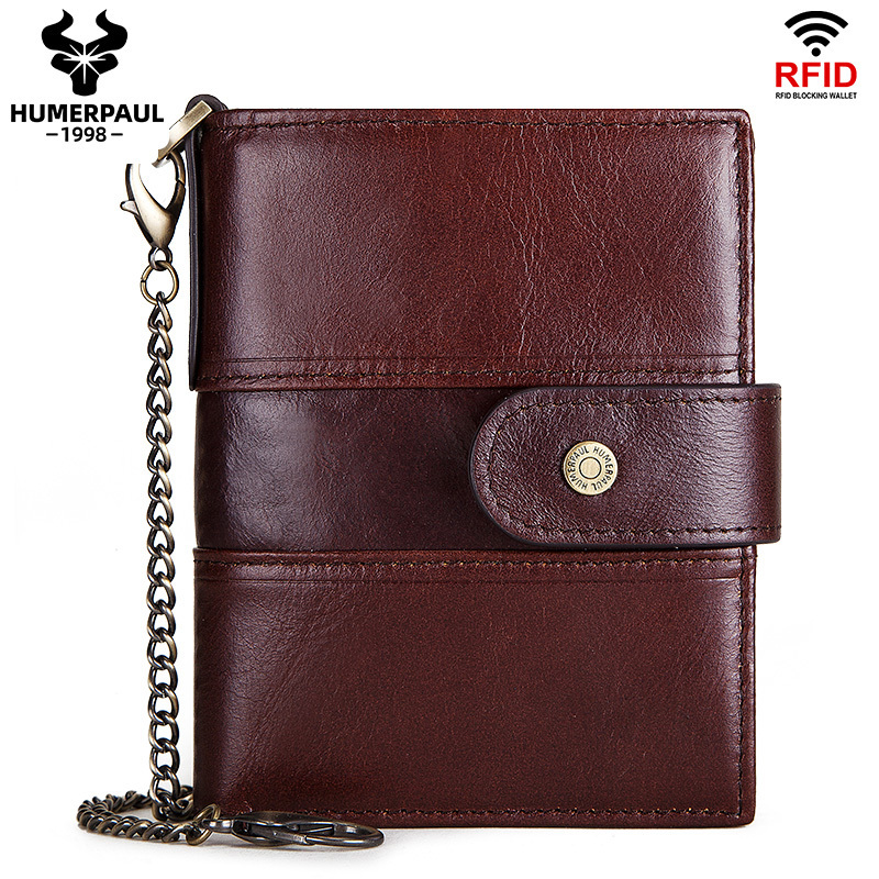 HUMERPAUL Dropshipping Wholesale Cow Leather Mini Leather purse  Men Fashion With Chain Coin Pocket  Trifold Wallet For Men