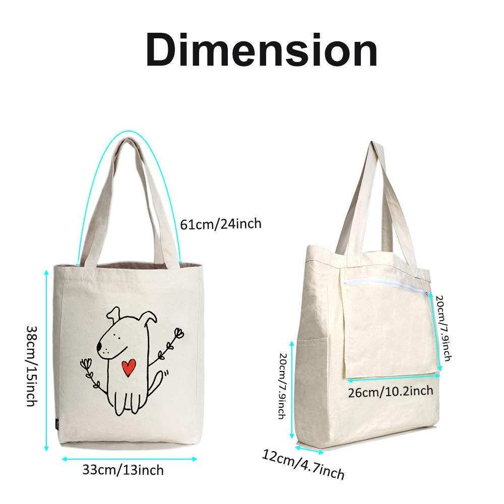 Canvas Tote Bag with 3 Inner Pocket Cotton Heavy Duty Gusseted Shopping Bag Gift for Weekend Overnight School Book (Cute Dog)