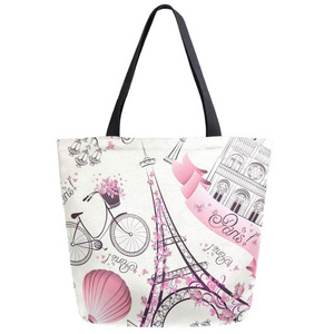 Paris Eiffel Tower with Flowers Large Canvas Market Beach Travel Reusable Grocery Shopping Tote Bag Portable Storage HandBags