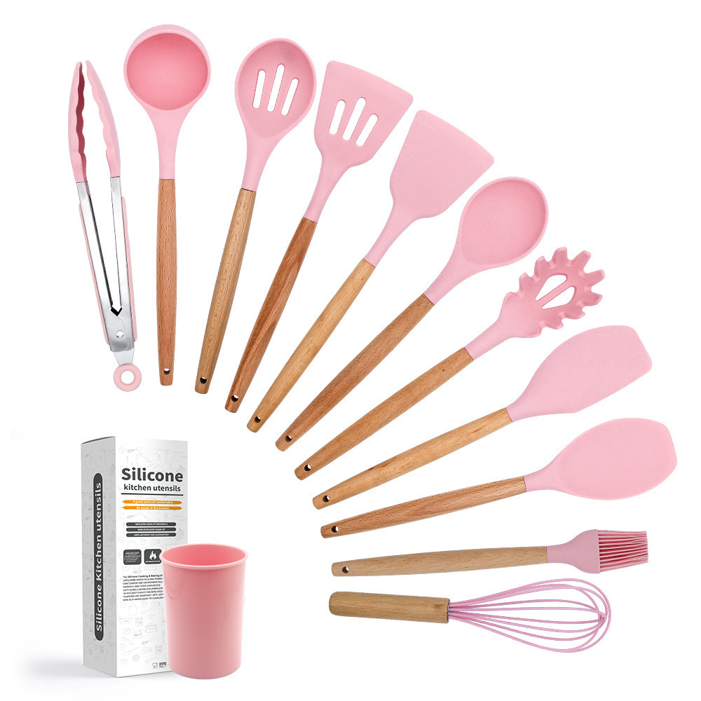 Silicone Cookware Spoon Set 12 Pieces in 1 Set Silicone Kitchen Cooking Tools Wooden Utensils Kitchen Products Long Handle 100g