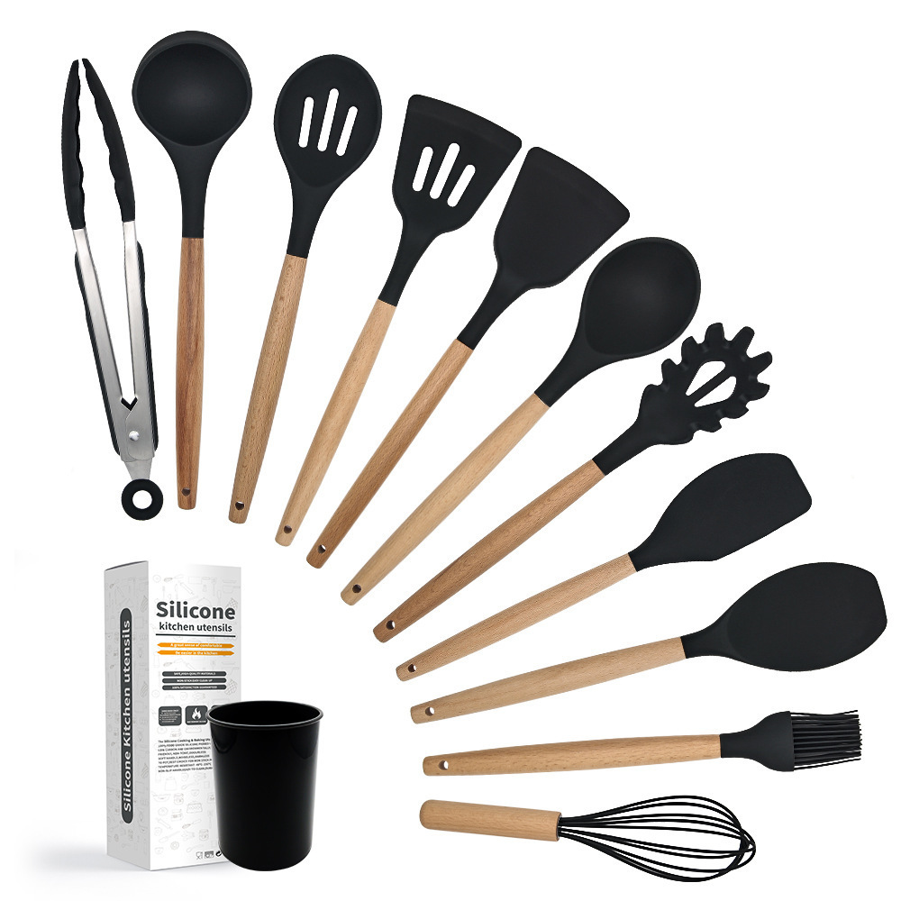 Silicone Cookware Spoon Set 12 Pieces in 1 Set Silicone Kitchen Cooking Tools Wooden Utensils Kitchen Products Long Handle 100g