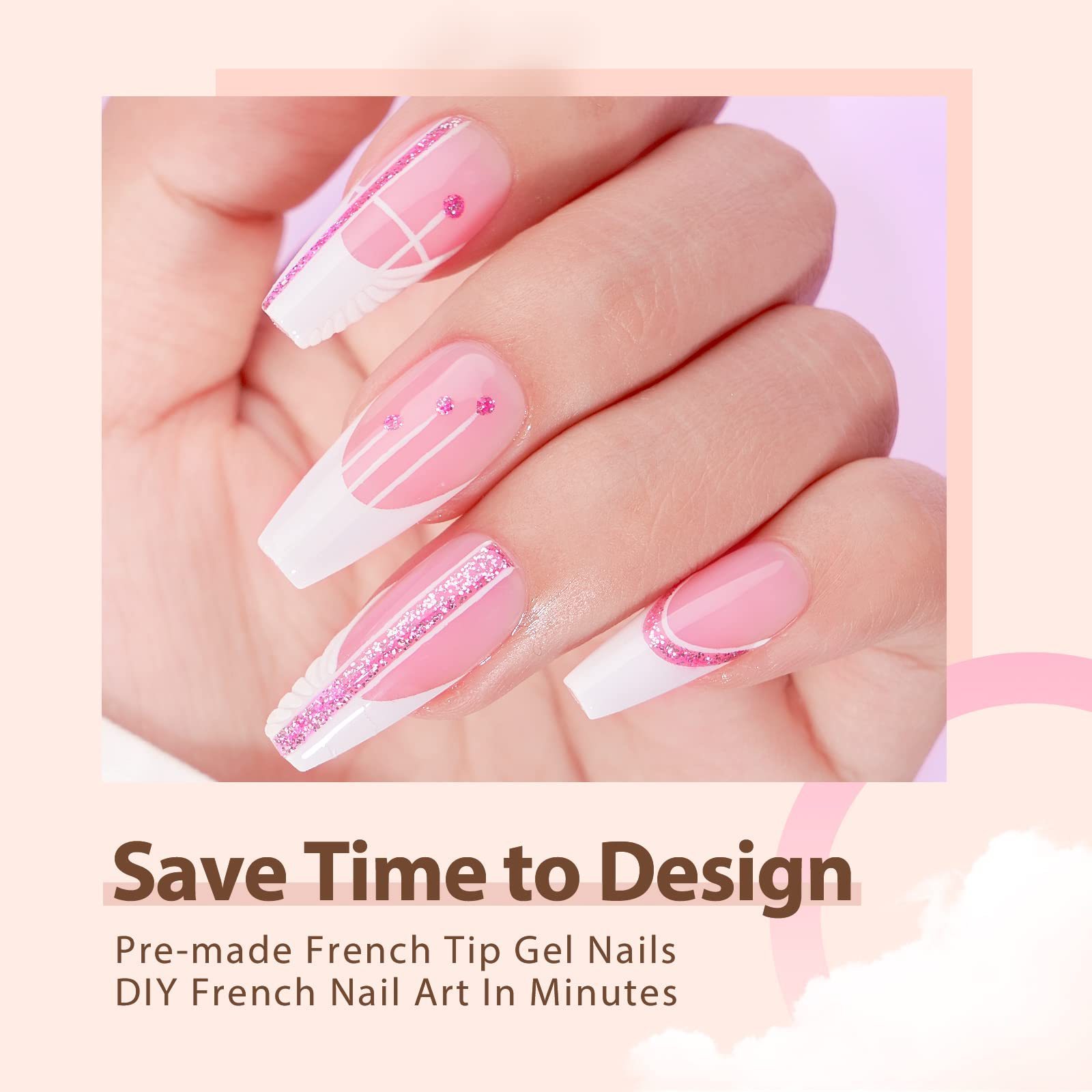 French Gel Nail Tips -240Pcs French Press on Nails Pink Square 3 in 1 X-coat Tips Pre-applied Tip Primer & Base Coat