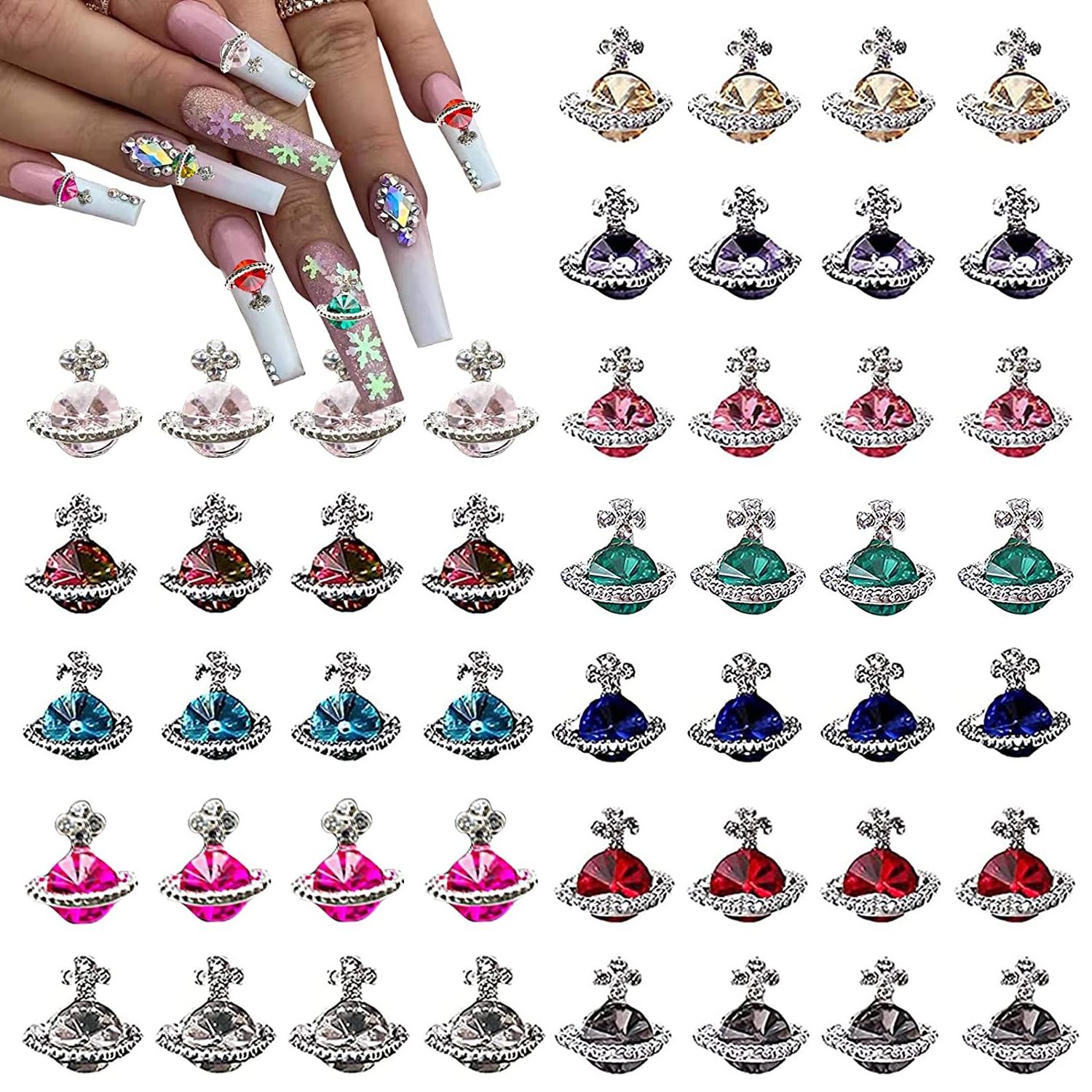 Luxury Nail Alloy Kawaii Colorful Planet Glitter Rhinestone Charm Stones For Nail Dangle Charms