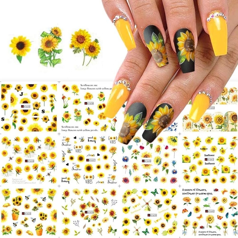 Flower Nail Art Water Decals Transfer Foils for Nails Supply Watermark Small Daisy Flowers Design Sunflower Nail Stickers