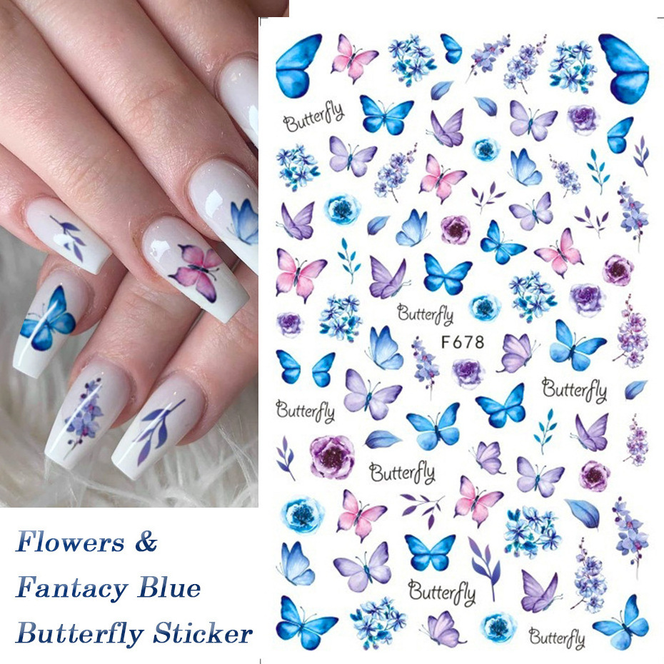 Holographic Butterfly Nails Art Manicure Stickers Blue Black Decals Spring Theme Flowers Luxury Brand Nail Stickers