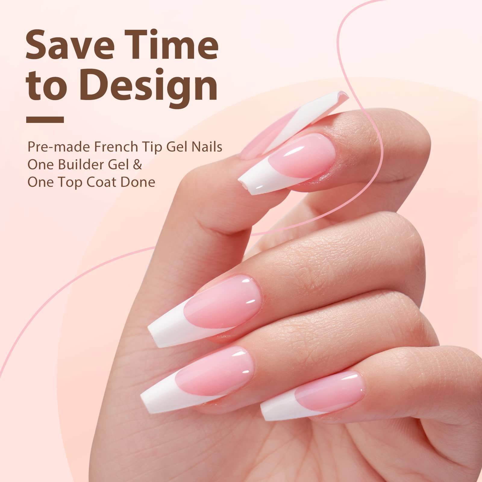 French Gel Nail Tips -240Pcs French Press on Nails Pink Square 3 in 1 X-coat Tips Pre-applied Tip Primer & Base Coat