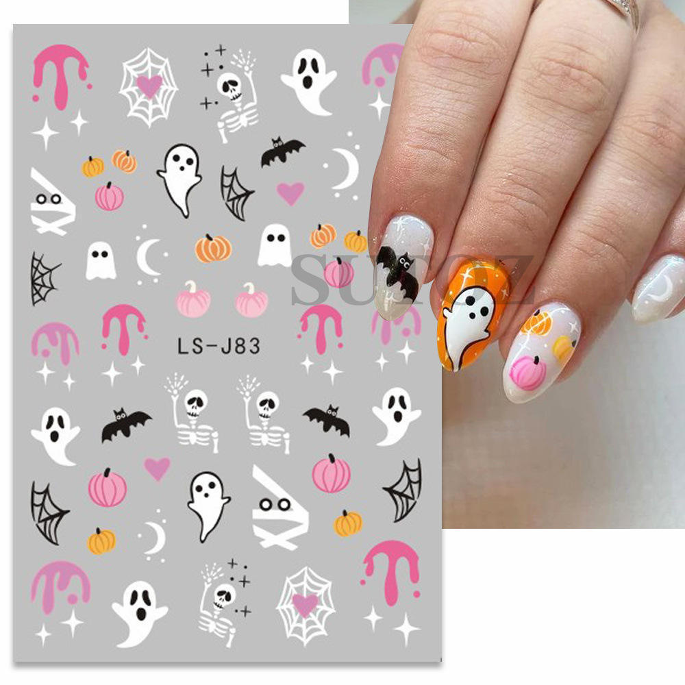 Evil Pumpkin Nail Water Decals Halloween Nail Art Stickers Ghost Bat Spider Web Anime Sliders Manicure Decorations