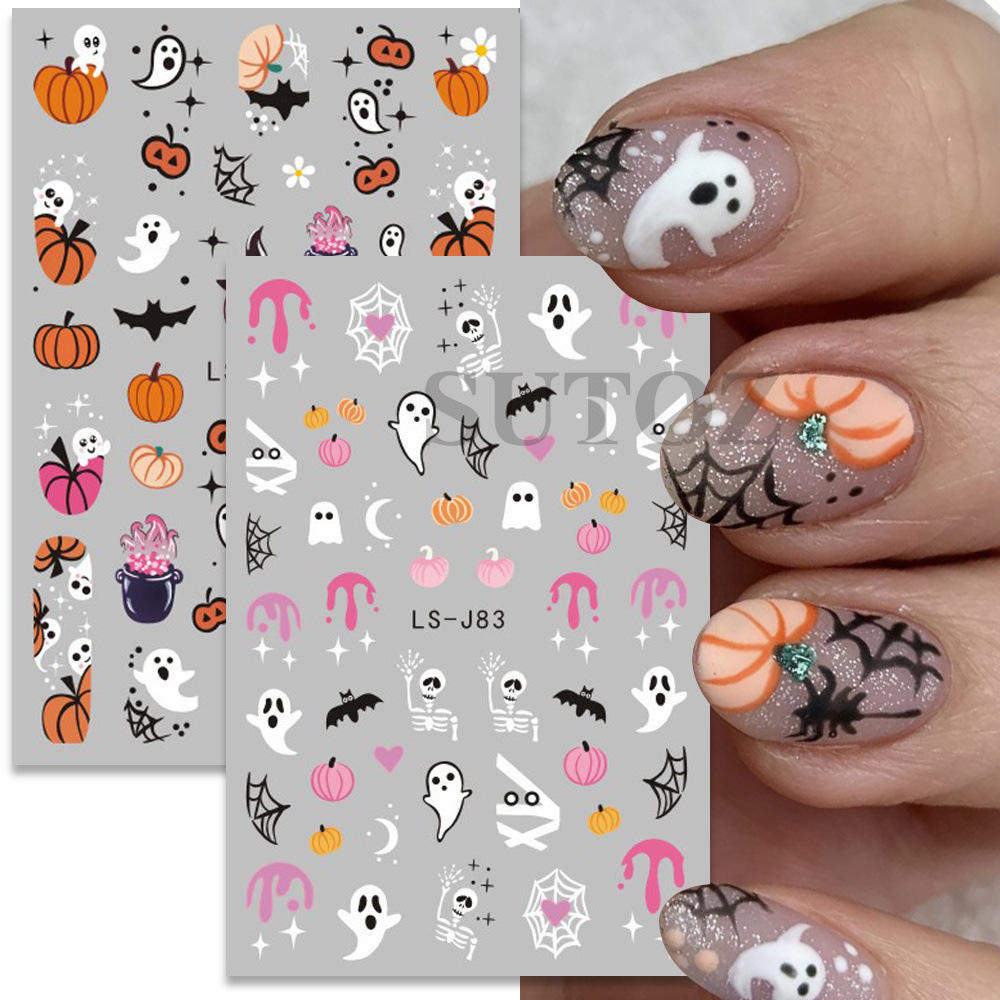 Evil Pumpkin Nail Water Decals Halloween Nail Art Stickers Ghost Bat Spider Web Anime Sliders Manicure Decorations