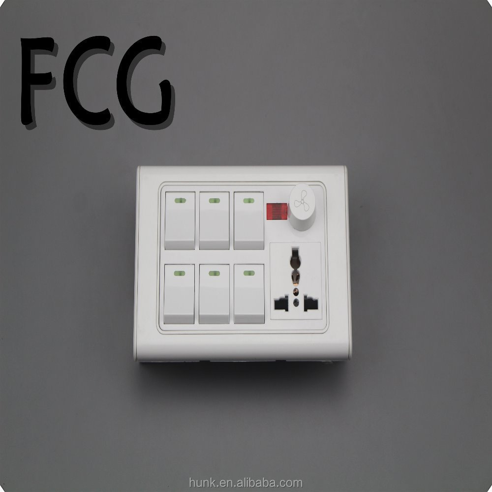 Manufacturer Luxury White pc light switch 6 gang and 3 pin mf socket with indicator and fan dimmer