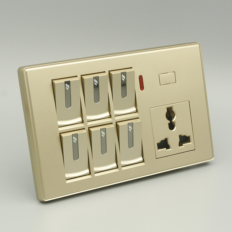 Manufacturer Luxury White pc light switch 6 gang and 3 pin mf socket with indicator and fan dimmer