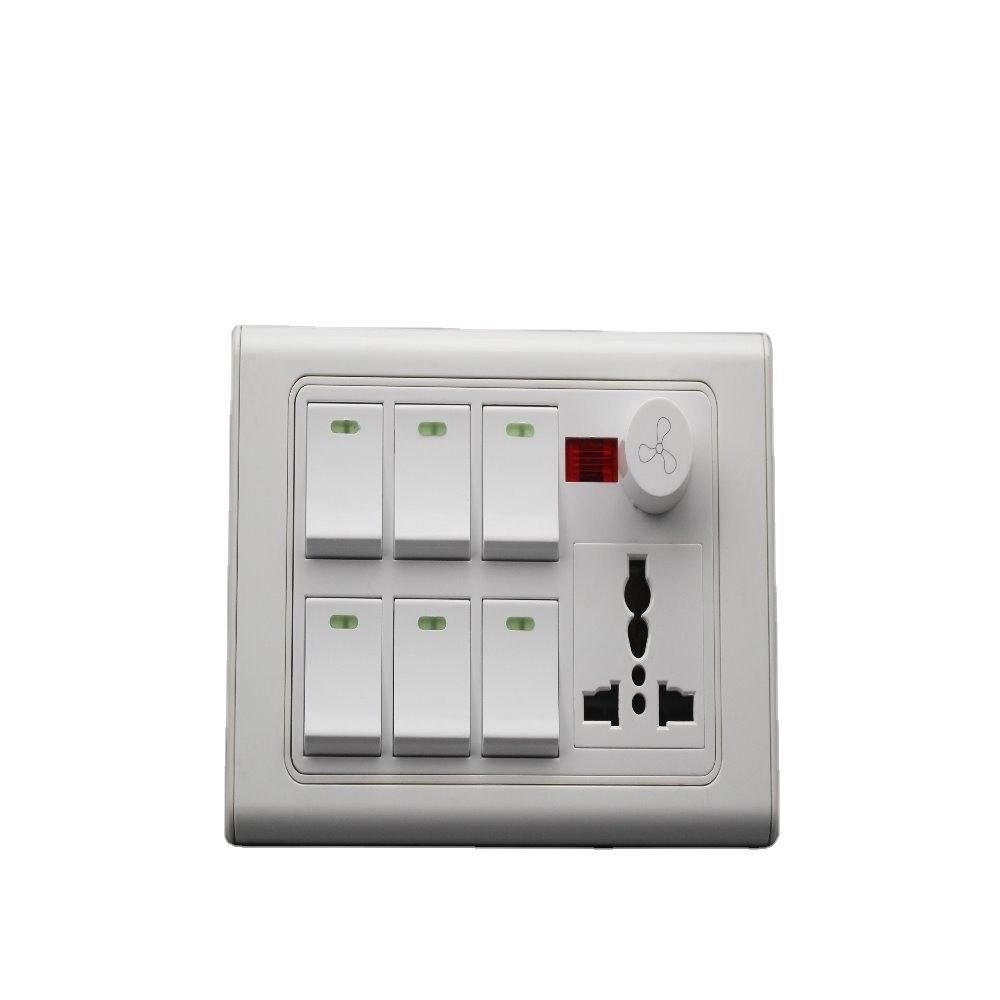 Manufacturer Luxury White pc light switch 6 gang and 3 pin mf socket with indicator and fan dimmer