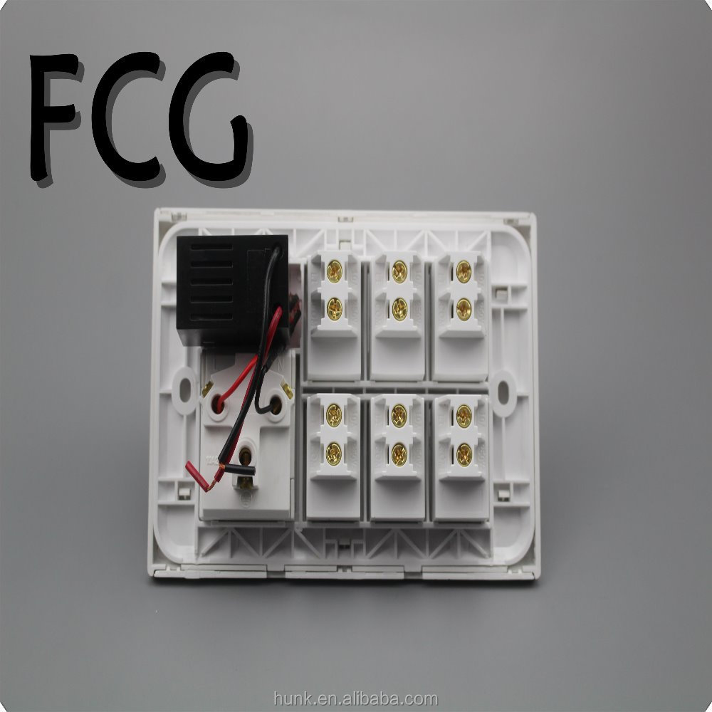 Manufacturer Luxury White pc light switch 6 gang and 3 pin mf socket with indicator and fan dimmer