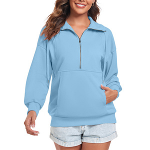 Custom High Quality  Cotton Clothing Women Half Zip Pullover Plain Corded Crew Sweatshirt