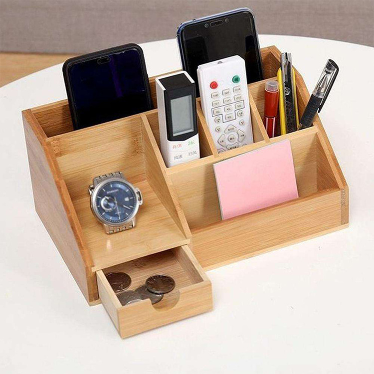 Large-Capacity Office Stationery Storage Box Multifunctional Custom Bamboo Desktop Organizer For Home Office Supplies