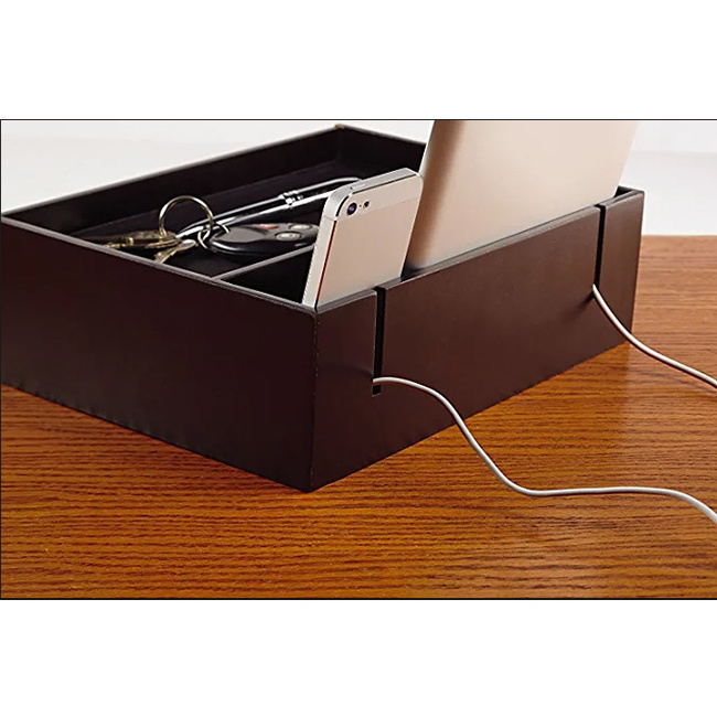 Portable Multi-Device Desktop Makeup Organizer Wood Desk Valet Tray Organizer for Wallet Keys Phones Office Supplies Storage Box